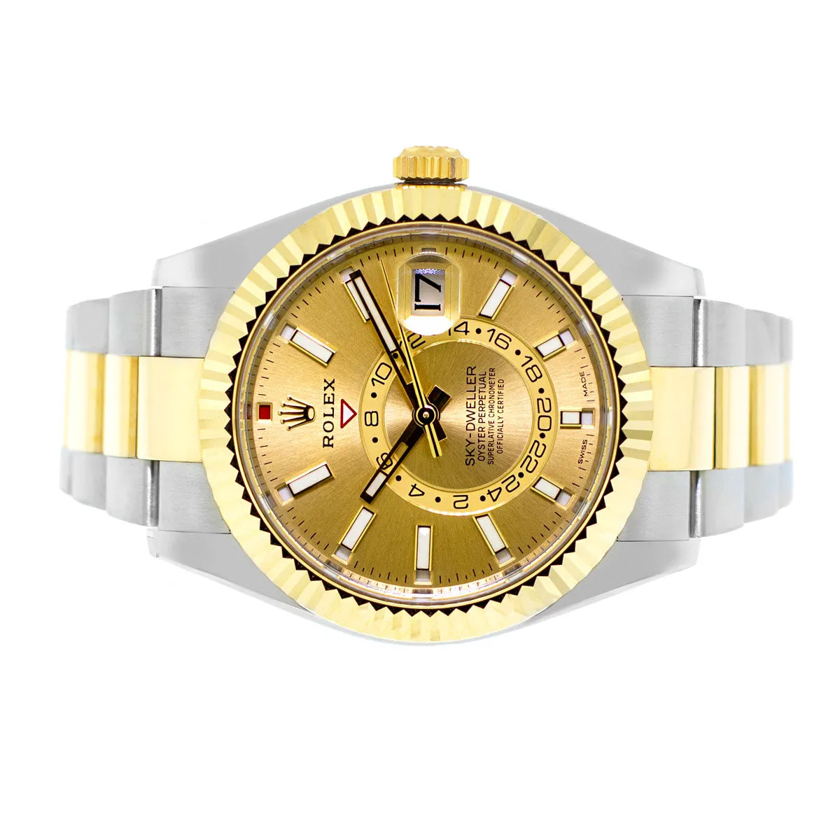 Rolex Sky-Dweller 42mm Yellow Gold & Stainless Steel Champagne Index Dial Fluted Bezel 336933