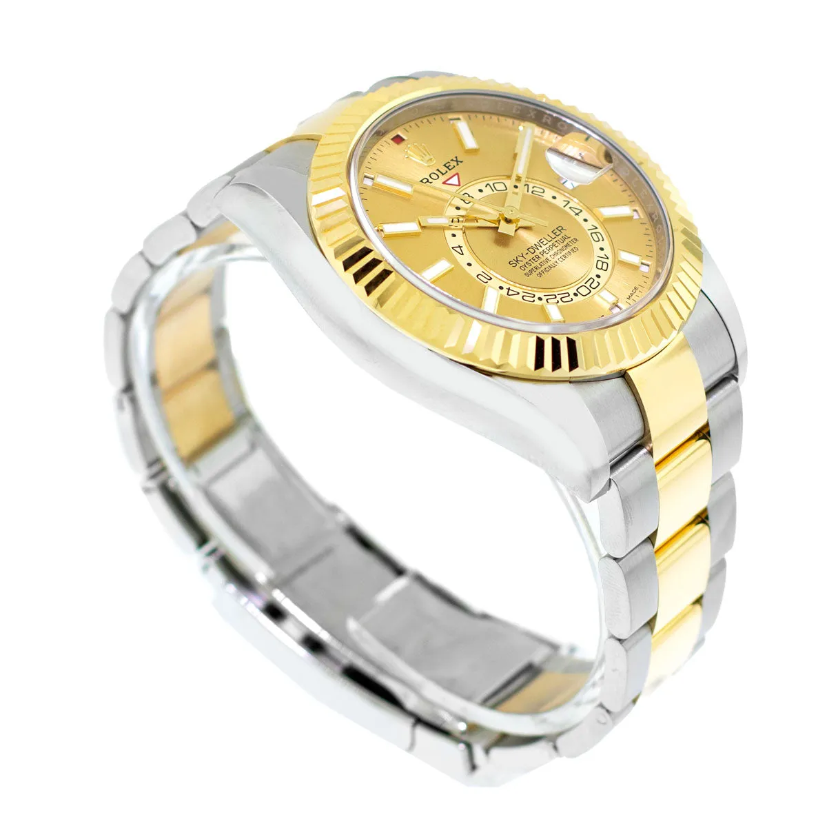 Rolex Sky-Dweller 42mm Yellow Gold & Stainless Steel Champagne Index Dial Fluted Bezel 336933