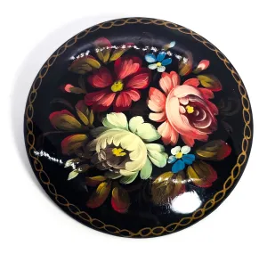 Russian hand painted signed flower vintage wooden lacquer brooch