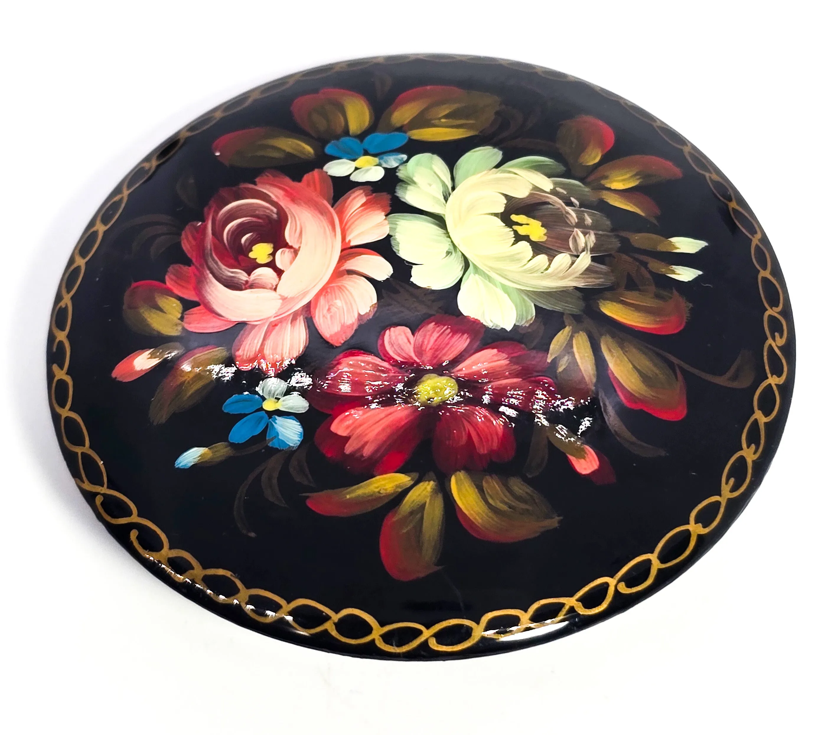 Russian hand painted signed flower vintage wooden lacquer brooch