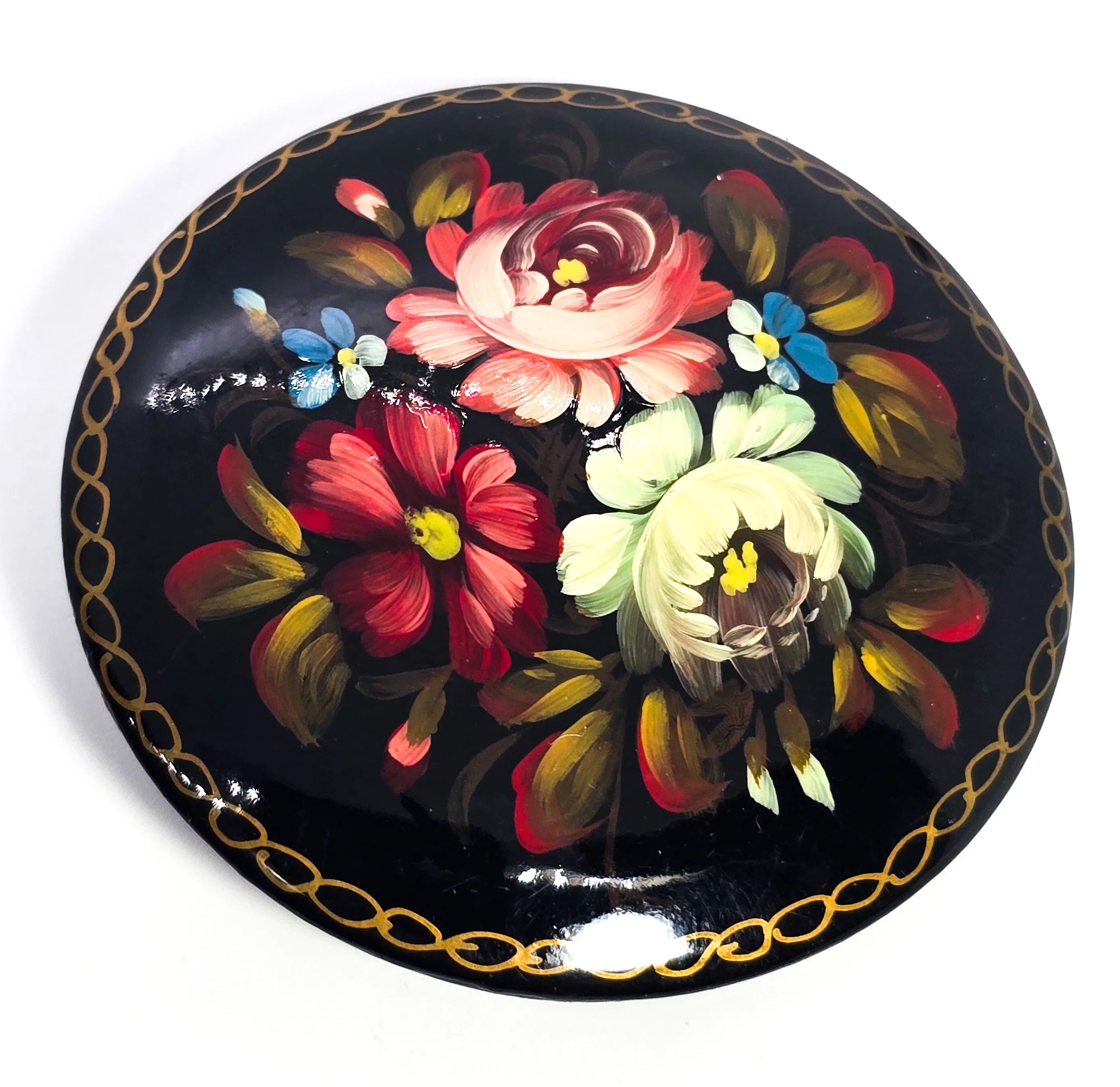 Russian hand painted signed flower vintage wooden lacquer brooch
