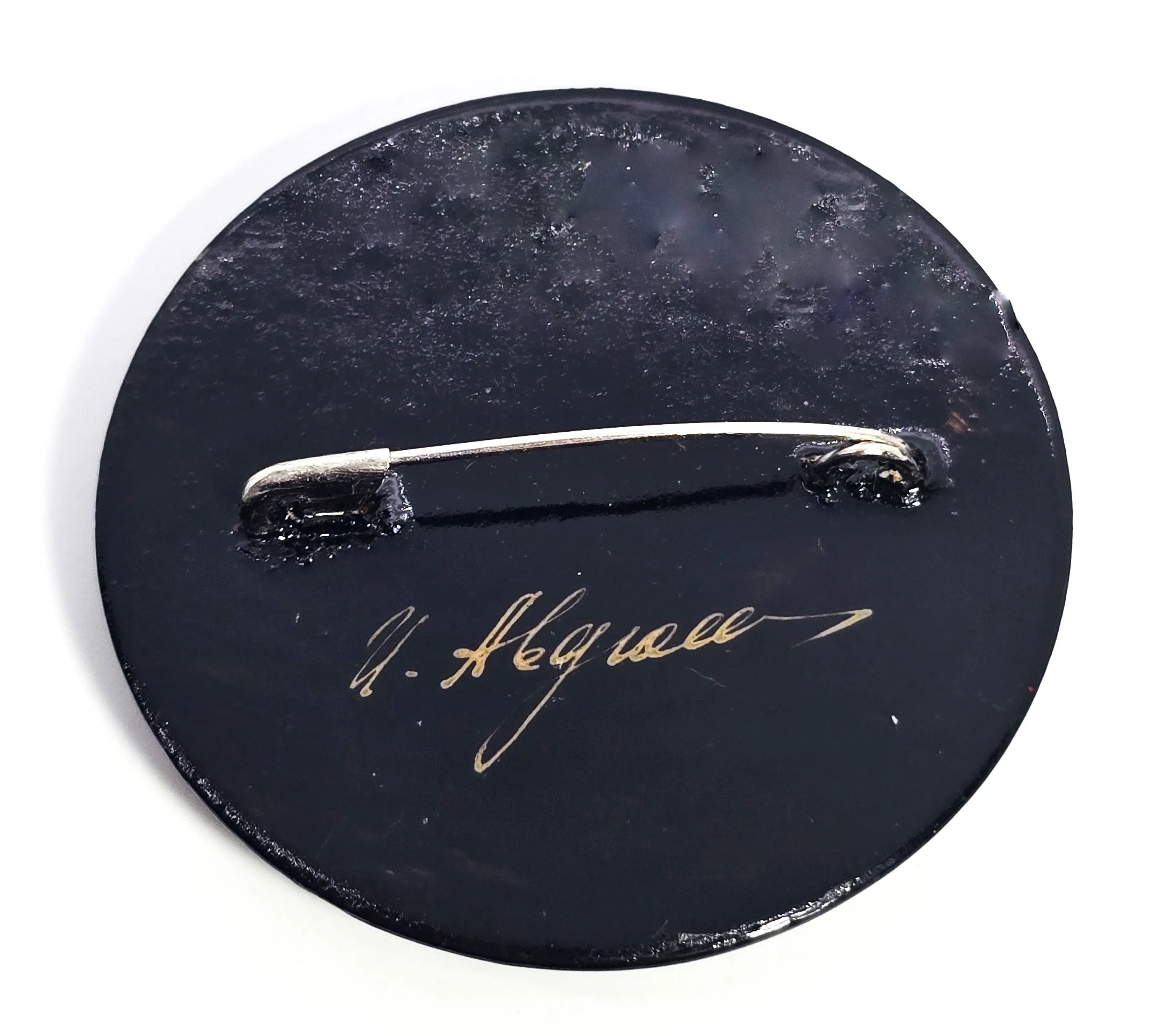 Russian hand painted signed flower vintage wooden lacquer brooch