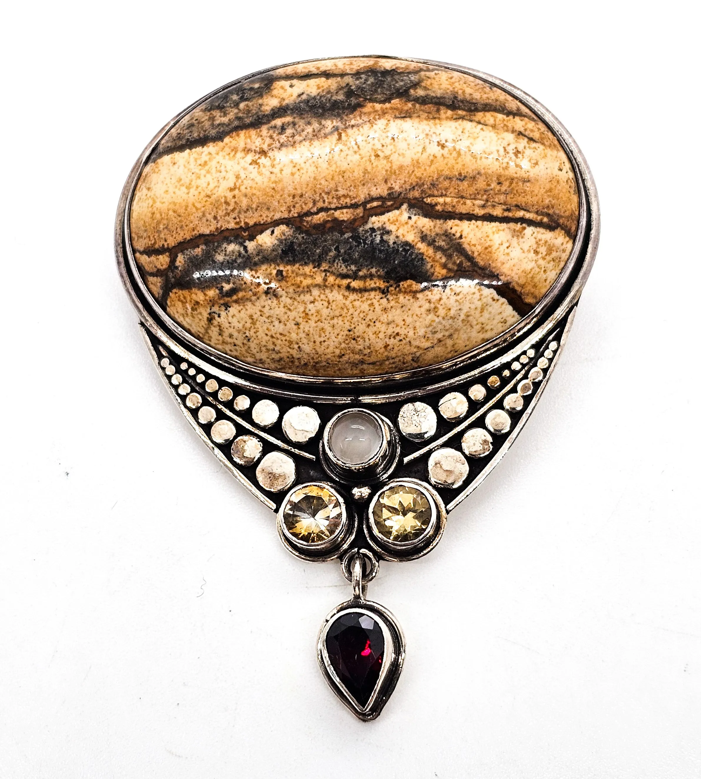 Sajen Picture Jasper with Citrine garnet and cat's eye sterling silver pendant brooch