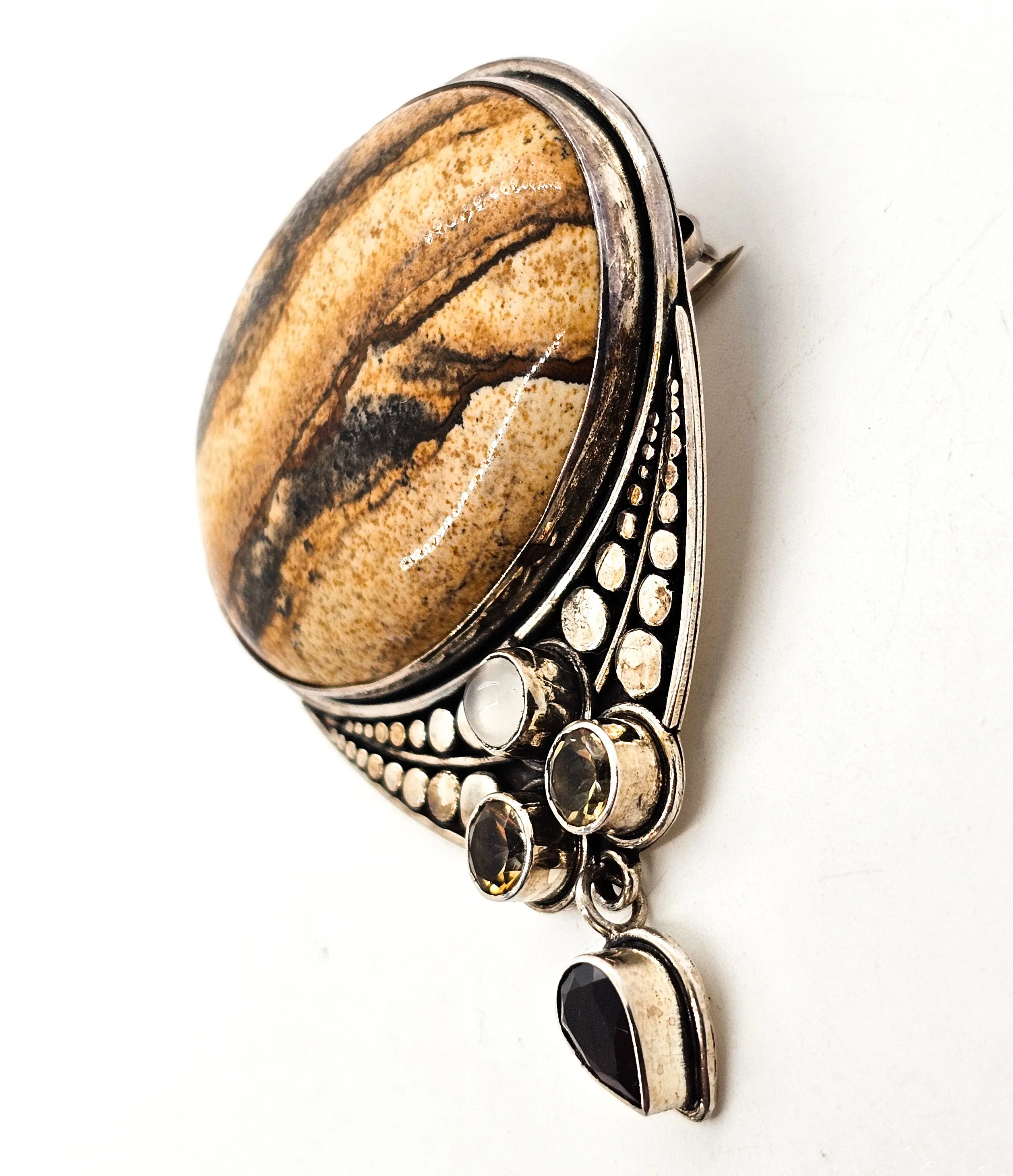 Sajen Picture Jasper with Citrine garnet and cat's eye sterling silver pendant brooch