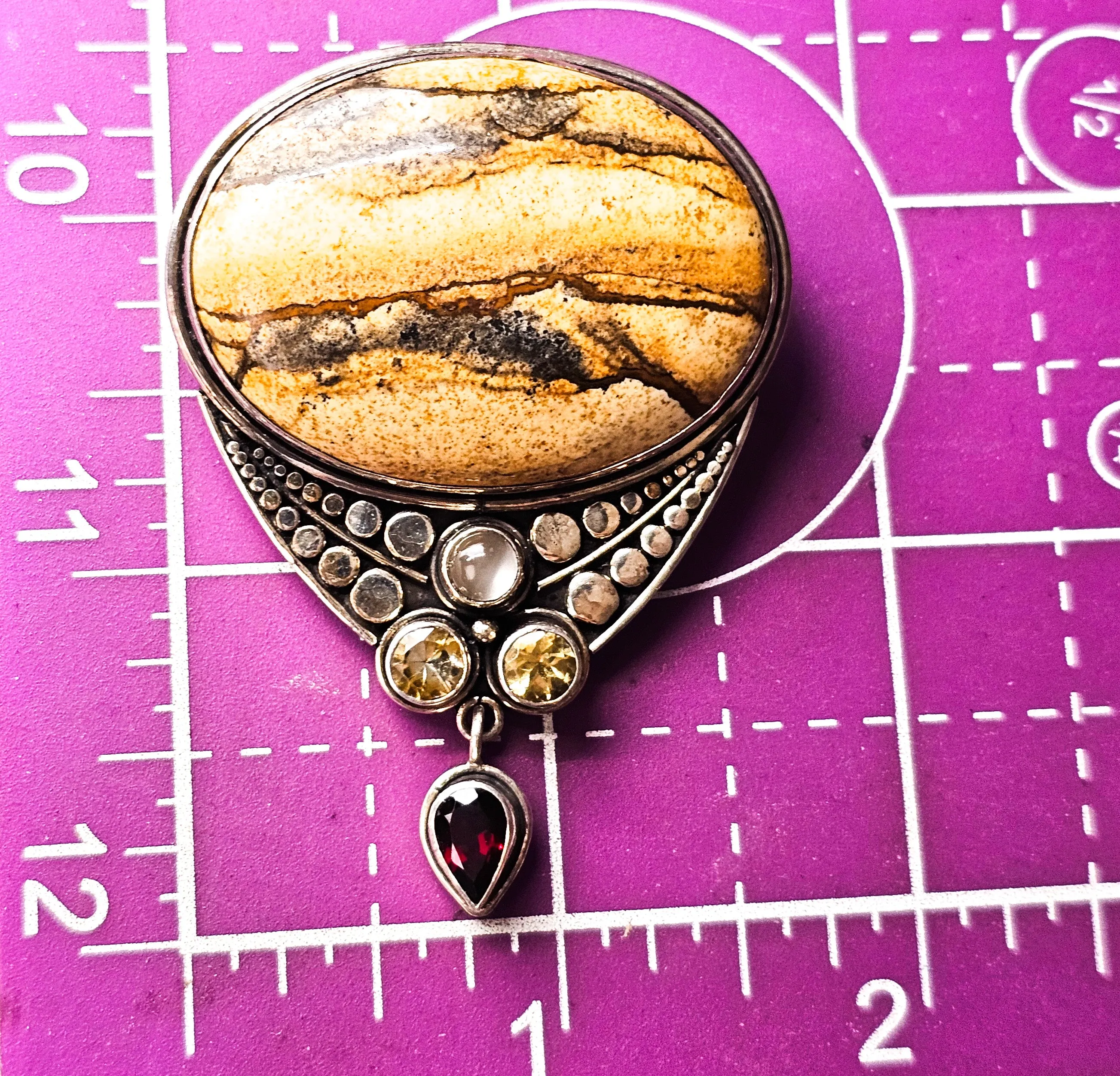 Sajen Picture Jasper with Citrine garnet and cat's eye sterling silver pendant brooch