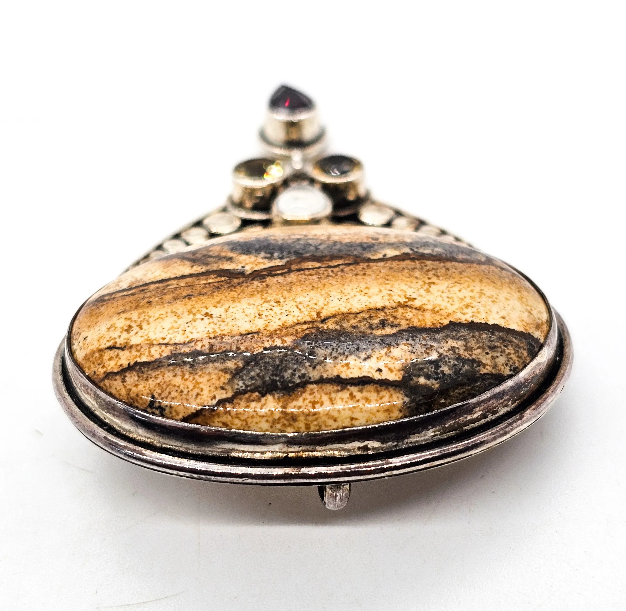 Sajen Picture Jasper with Citrine garnet and cat's eye sterling silver pendant brooch