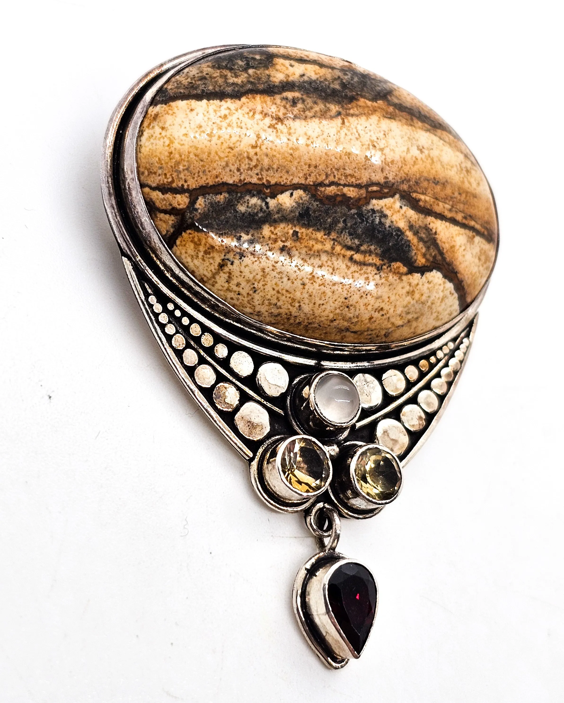 Sajen Picture Jasper with Citrine garnet and cat's eye sterling silver pendant brooch