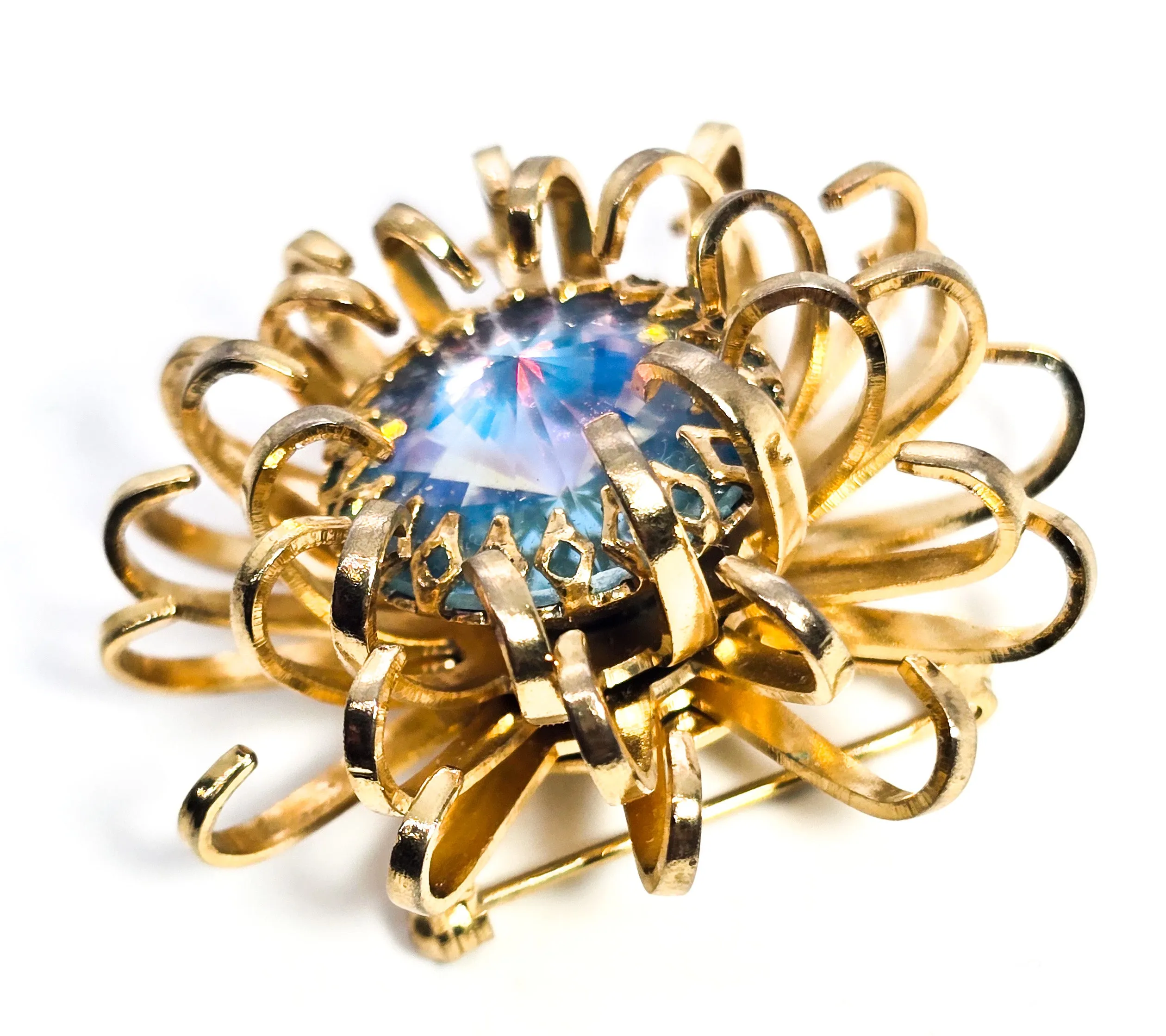Sarah Coventry Mystic Blue 1969 signed vintage gold toned atomic scatter brooch