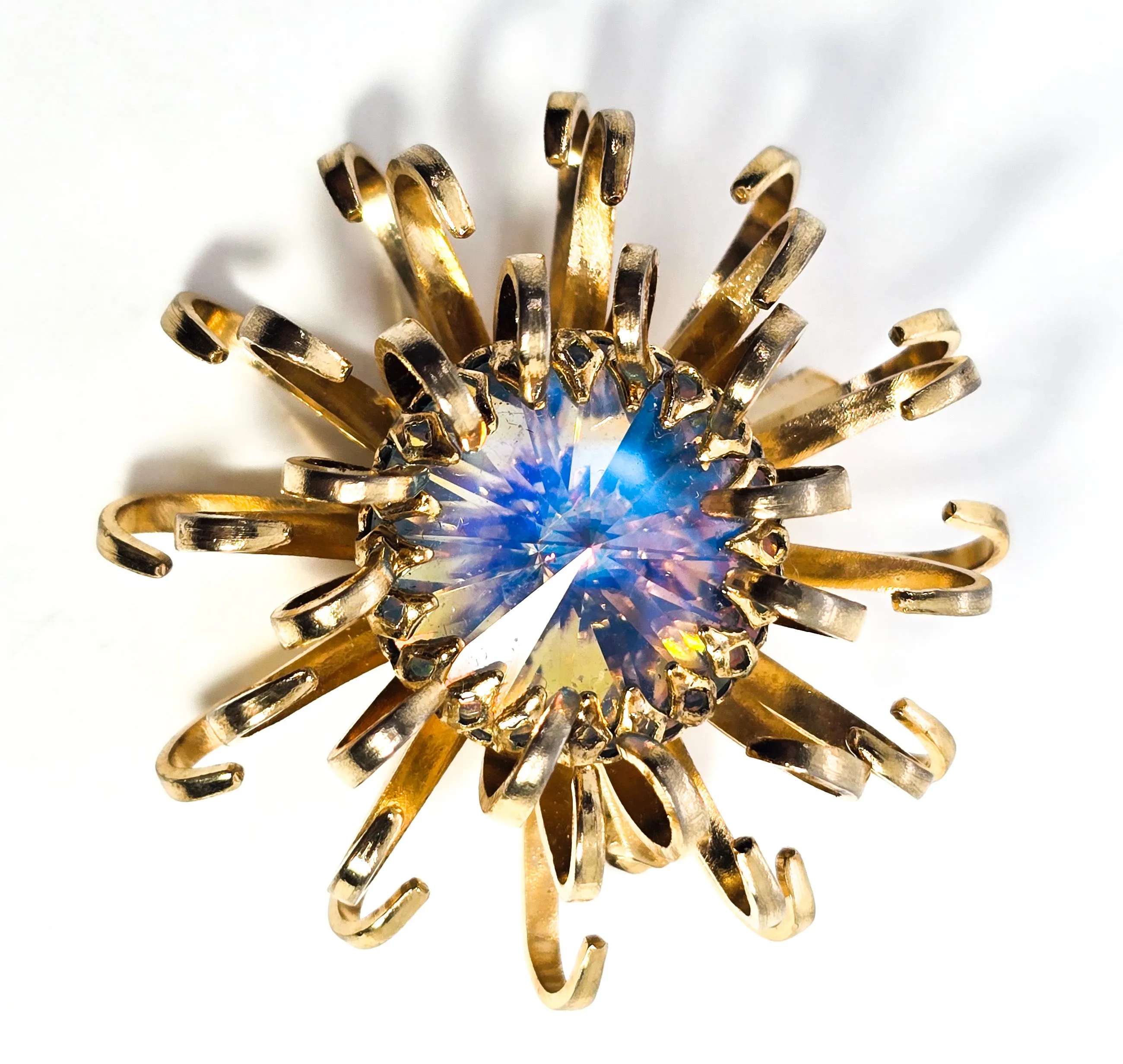 Sarah Coventry Mystic Blue 1969 signed vintage gold toned atomic scatter brooch