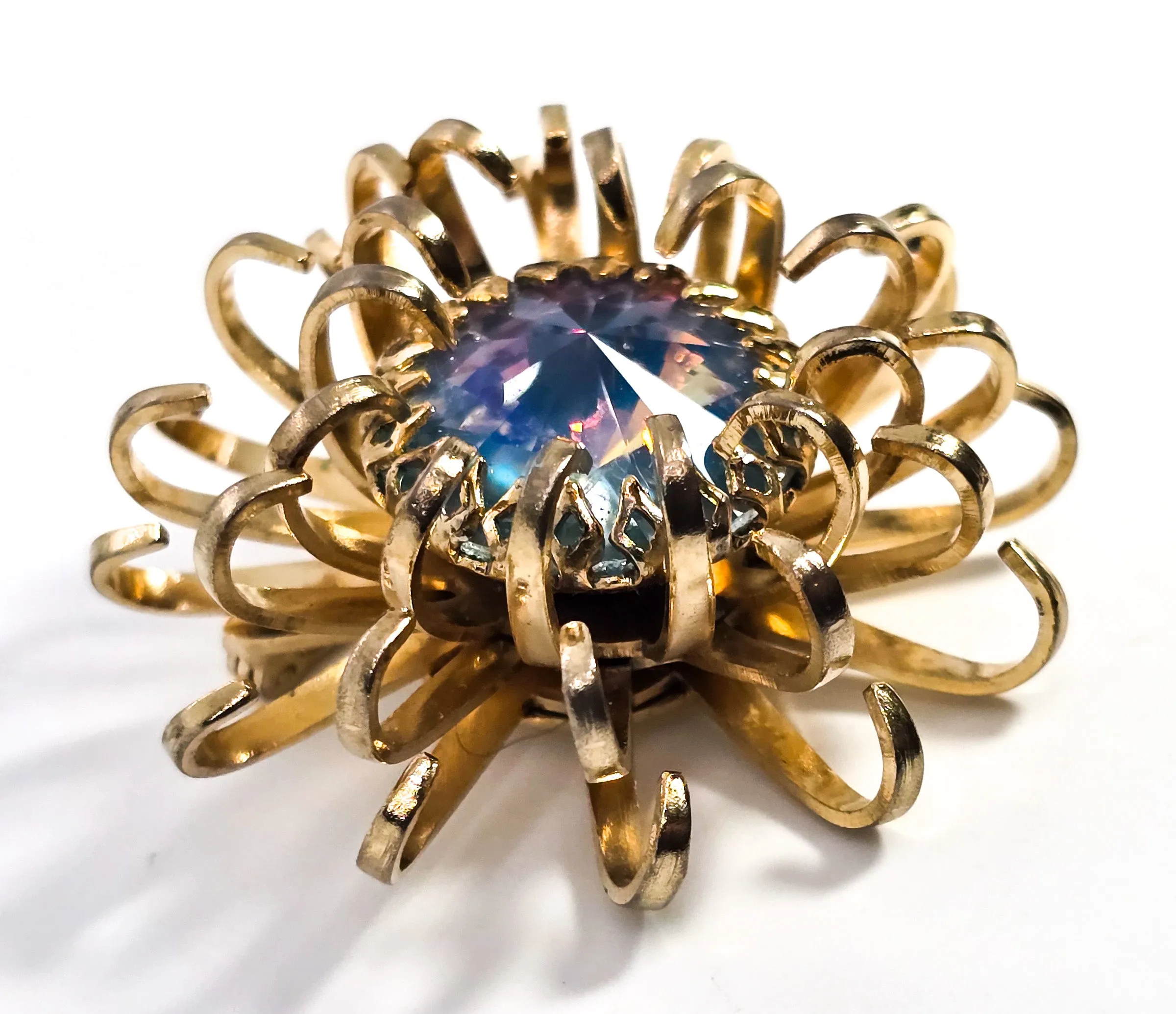 Sarah Coventry Mystic Blue 1969 signed vintage gold toned atomic scatter brooch