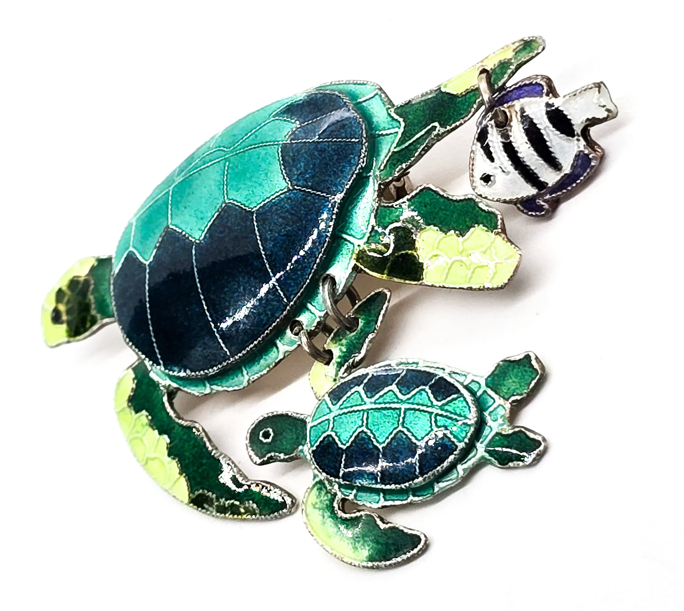 Sea turtle and baby Sheepshead enamel Sea life  sterling silver pendant brooch