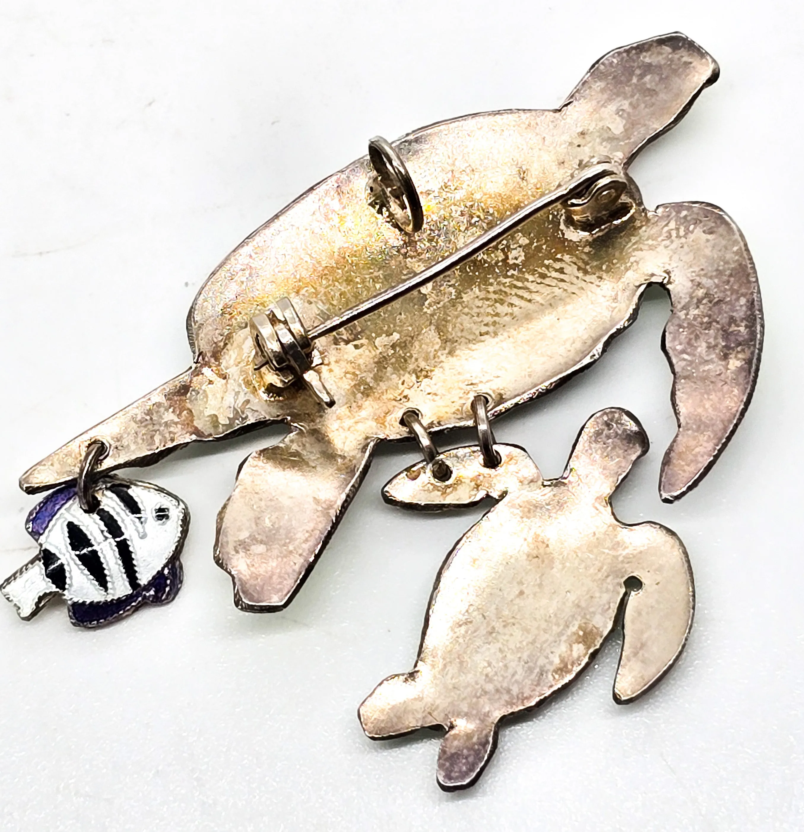 Sea turtle and baby Sheepshead enamel Sea life  sterling silver pendant brooch