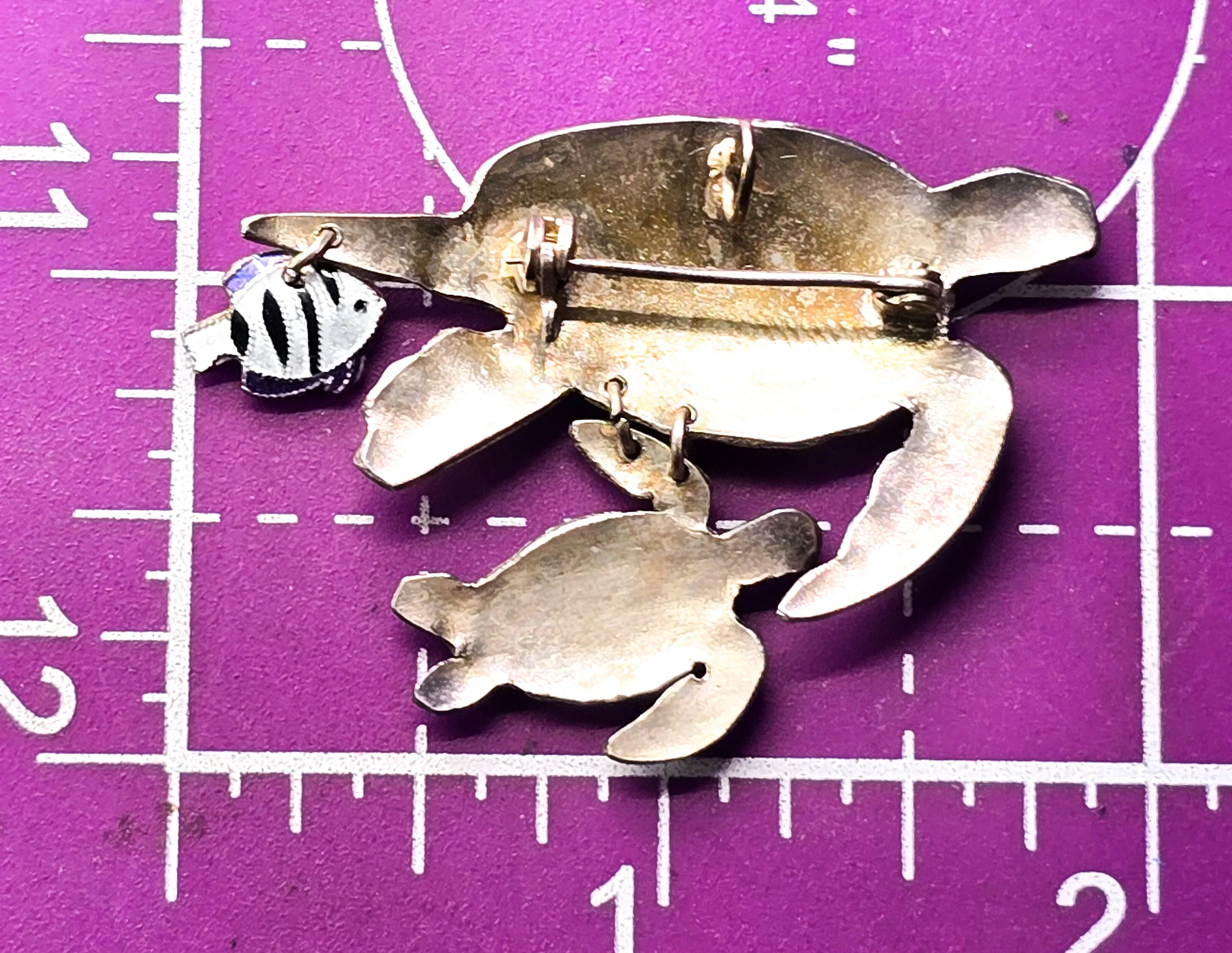 Sea turtle and baby Sheepshead enamel Sea life  sterling silver pendant brooch