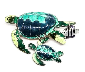 Sea turtle and baby Sheepshead enamel Sea life  sterling silver pendant brooch