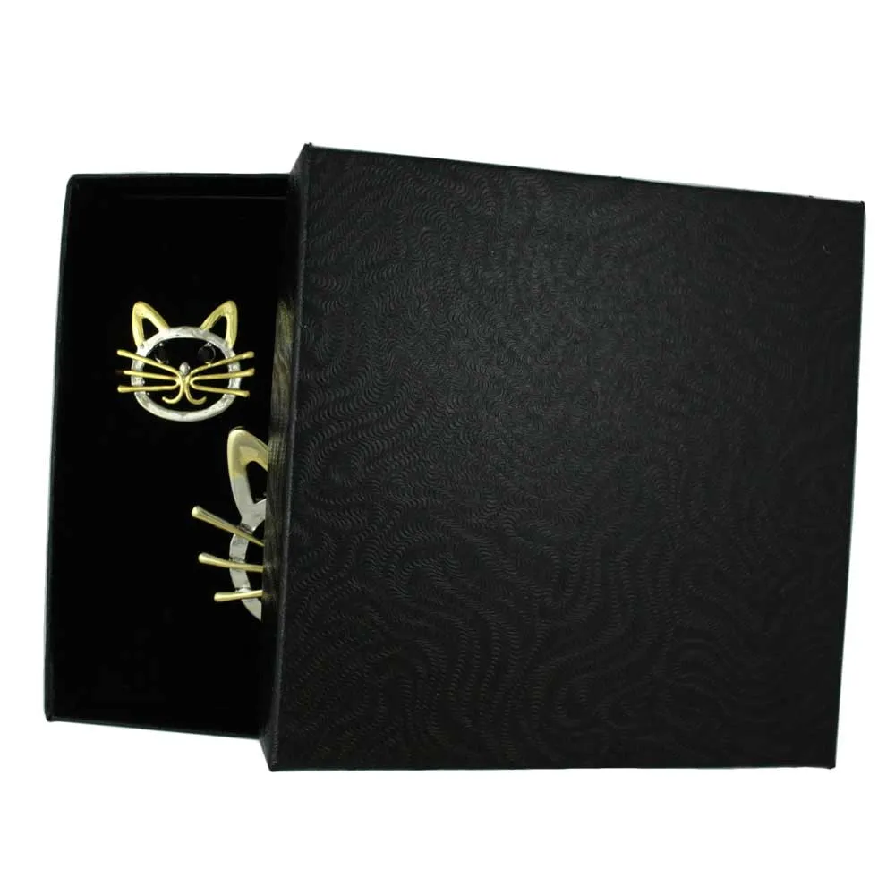 Silver and Gold Cat Face Brooch Pin and Earring Gift Set - PRC421BS