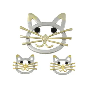 Silver and Gold Cat Face Brooch Pin and Earring Gift Set - PRC421BS