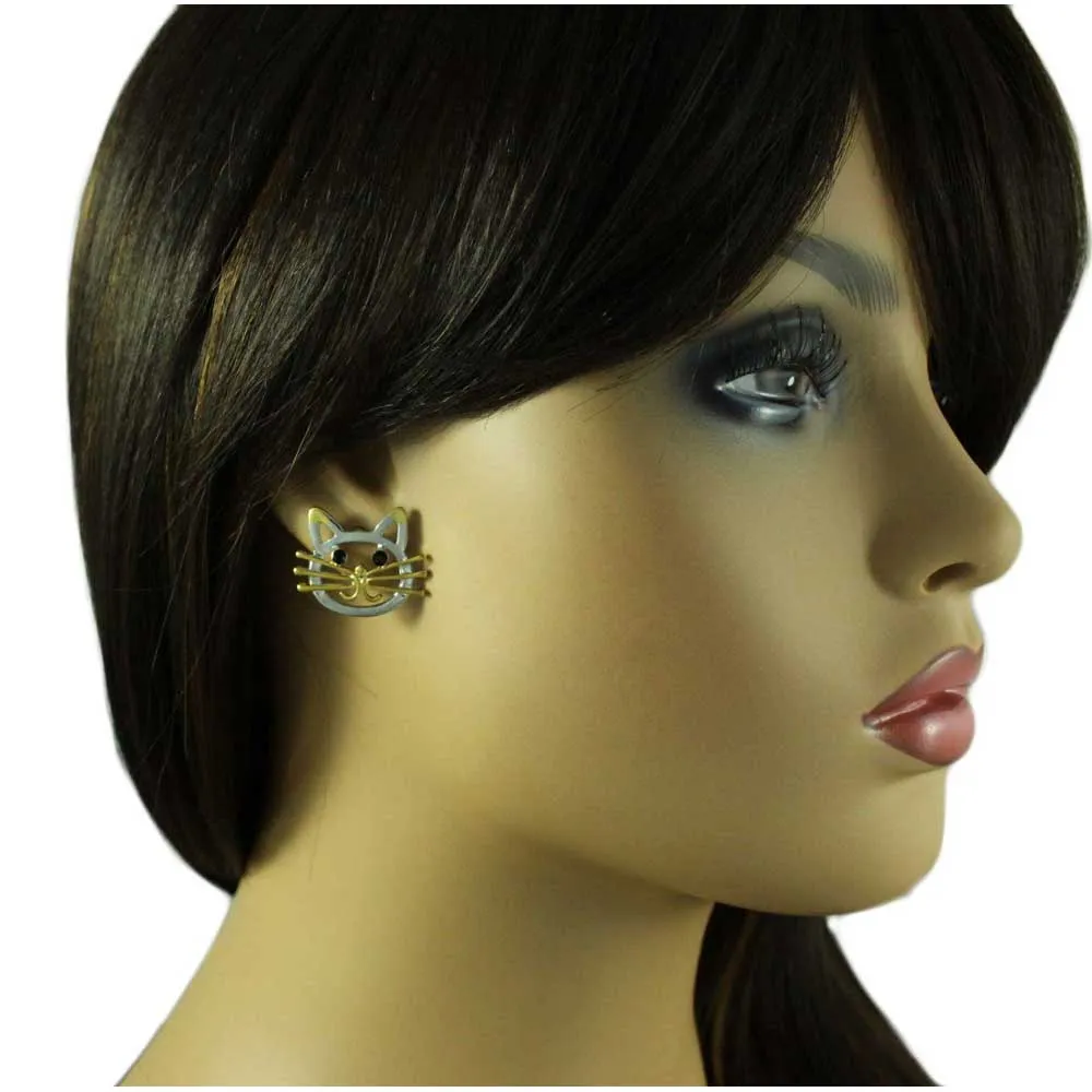 Silver and Gold Cat Face Brooch Pin and Earring Gift Set - PRC421BS