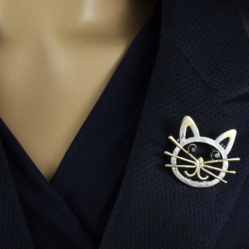 Silver and Gold Cat Face Brooch Pin and Earring Gift Set - PRC421BS