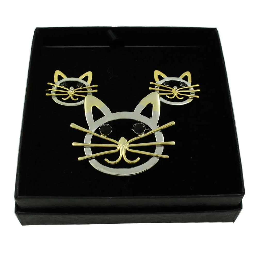 Silver and Gold Cat Face Brooch Pin and Earring Gift Set - PRC421BS