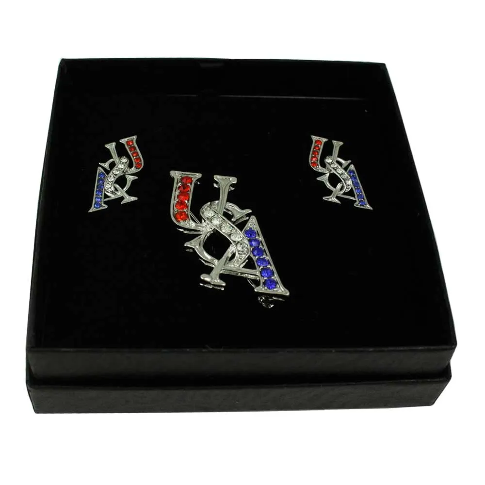 Silver Crystal USA Patriotic Brooch Pin and Earring Set - PRF304SBS