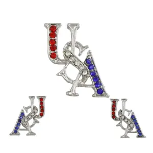 Silver Crystal USA Patriotic Brooch Pin and Earring Set - PRF304SBS