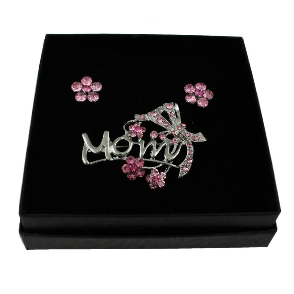 Silver MOM with Pink Bow Pin and Daisy Earring Gift Set - PRF324BS