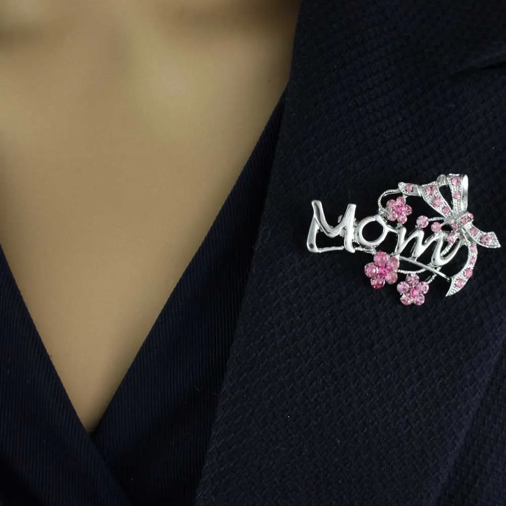 Silver MOM with Pink Bow Pin and Daisy Earring Gift Set - PRF324BS