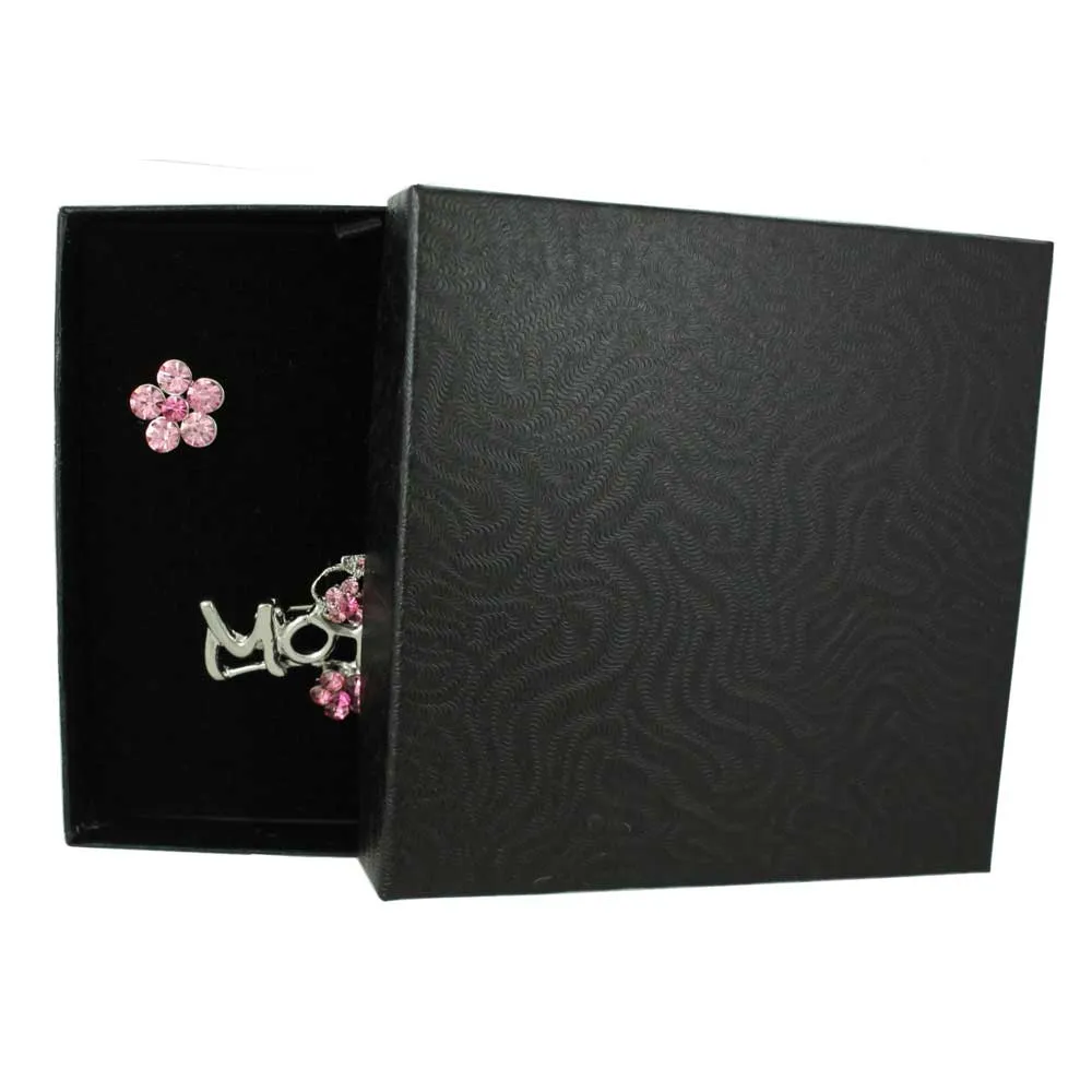 Silver MOM with Pink Bow Pin and Daisy Earring Gift Set - PRF324BS