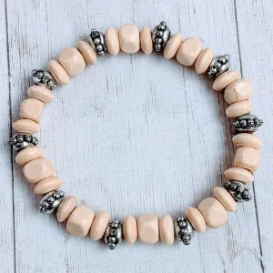 Silver Spacer & Ivory Wood Bead Stretch bracelet - Unisex