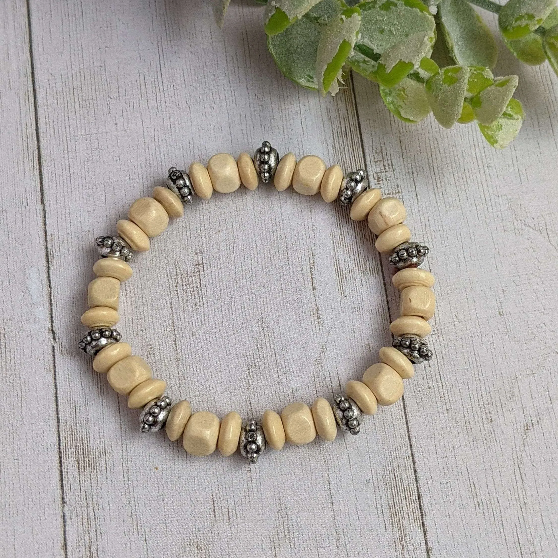 Silver Spacer & Ivory Wood Bead Stretch bracelet - Unisex