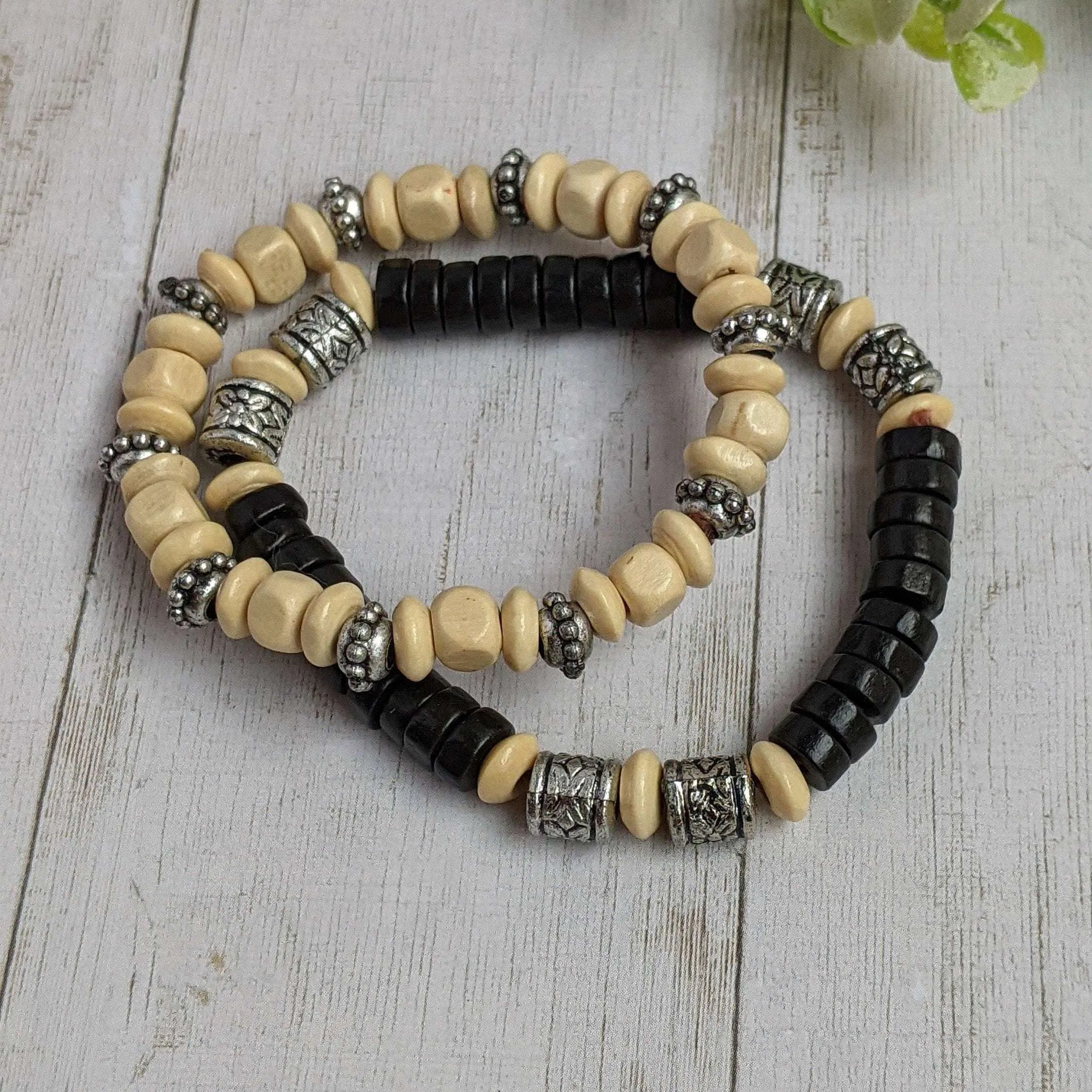 Silver Spacer & Ivory Wood Bead Stretch bracelet - Unisex