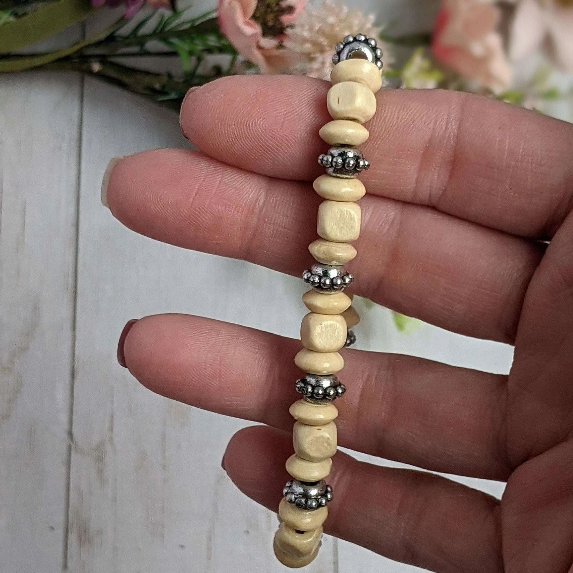 Silver Spacer & Ivory Wood Bead Stretch bracelet - Unisex