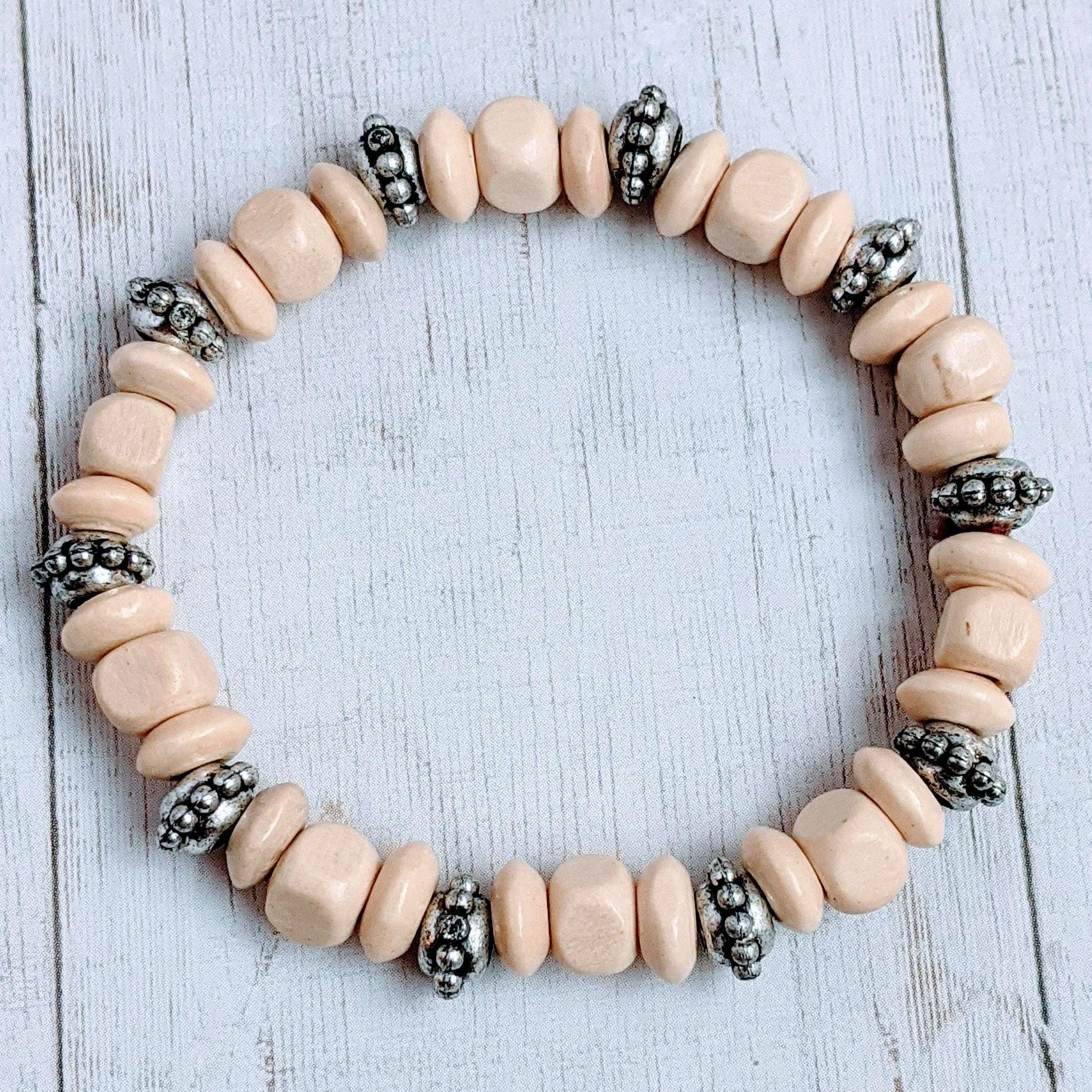 Silver Spacer & Ivory Wood Bead Stretch bracelet - Unisex