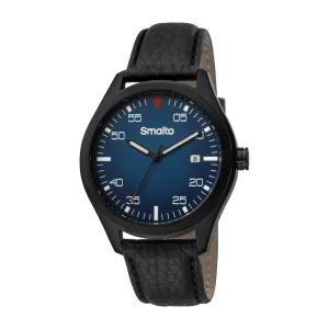 Smalto Men's Stainless Steel Watch With Black Leather Strap & Blue Dial