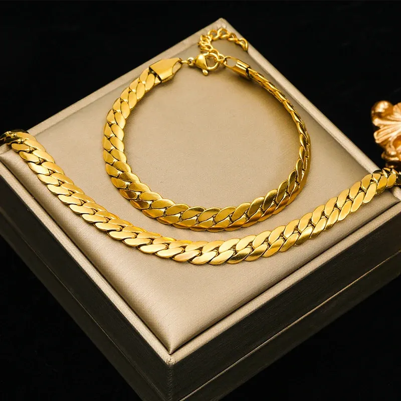 Stainless Steel Metal Chain Necklace Bracelet Waterproof Jewelry Set