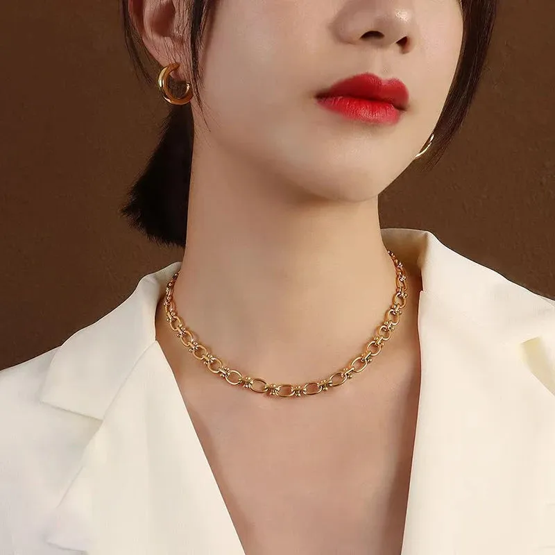 Stainless Steel Metal Chain Necklace Bracelet Waterproof Jewelry Set