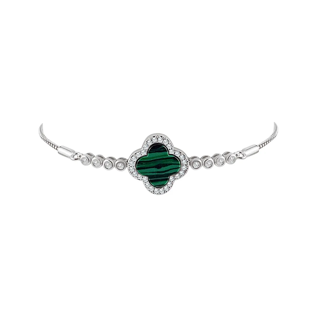 Sterling Silver Malachite Clover Pave Bolo Bracelet