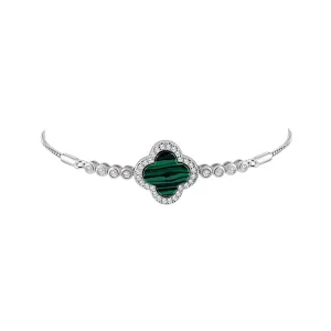 Sterling Silver Malachite Clover Pave Bolo Bracelet