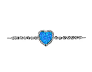 Sterling Silver Opal Blue Heart Bolo Bracelet Rhodium Plated