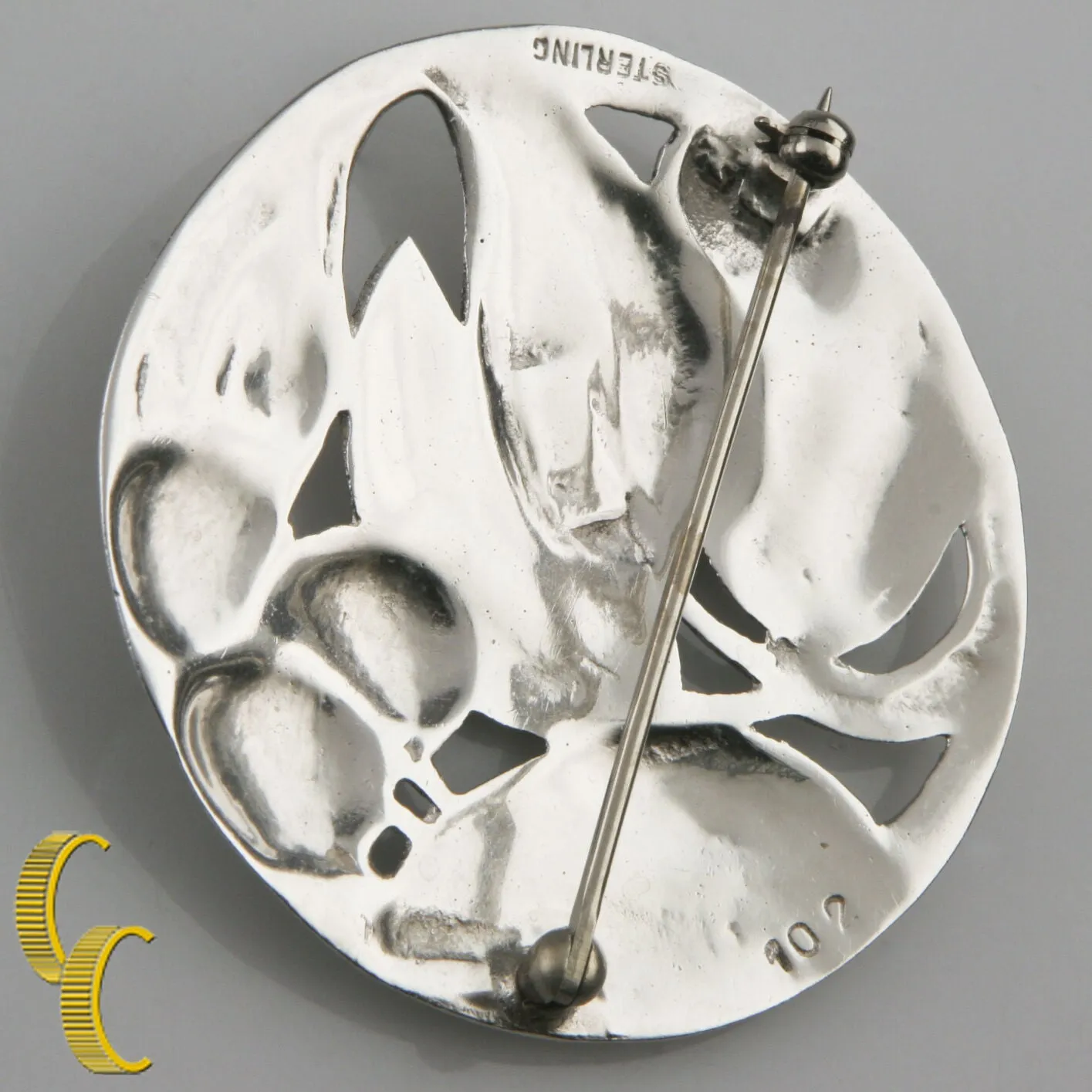 Sterling Silver Round Repousse Brooch w/ Leaves and Berries