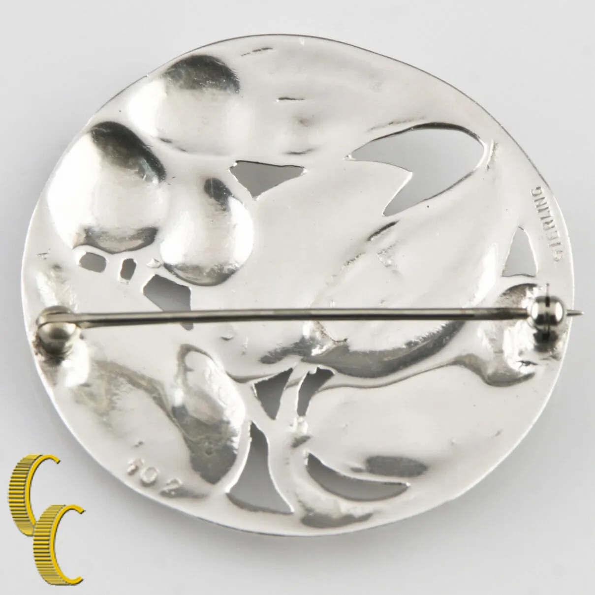 Sterling Silver Round Repousse Brooch w/ Leaves and Berries