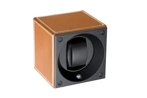 Swiss Kubik Single Watch Winder - Cognac Leather with White Stitches