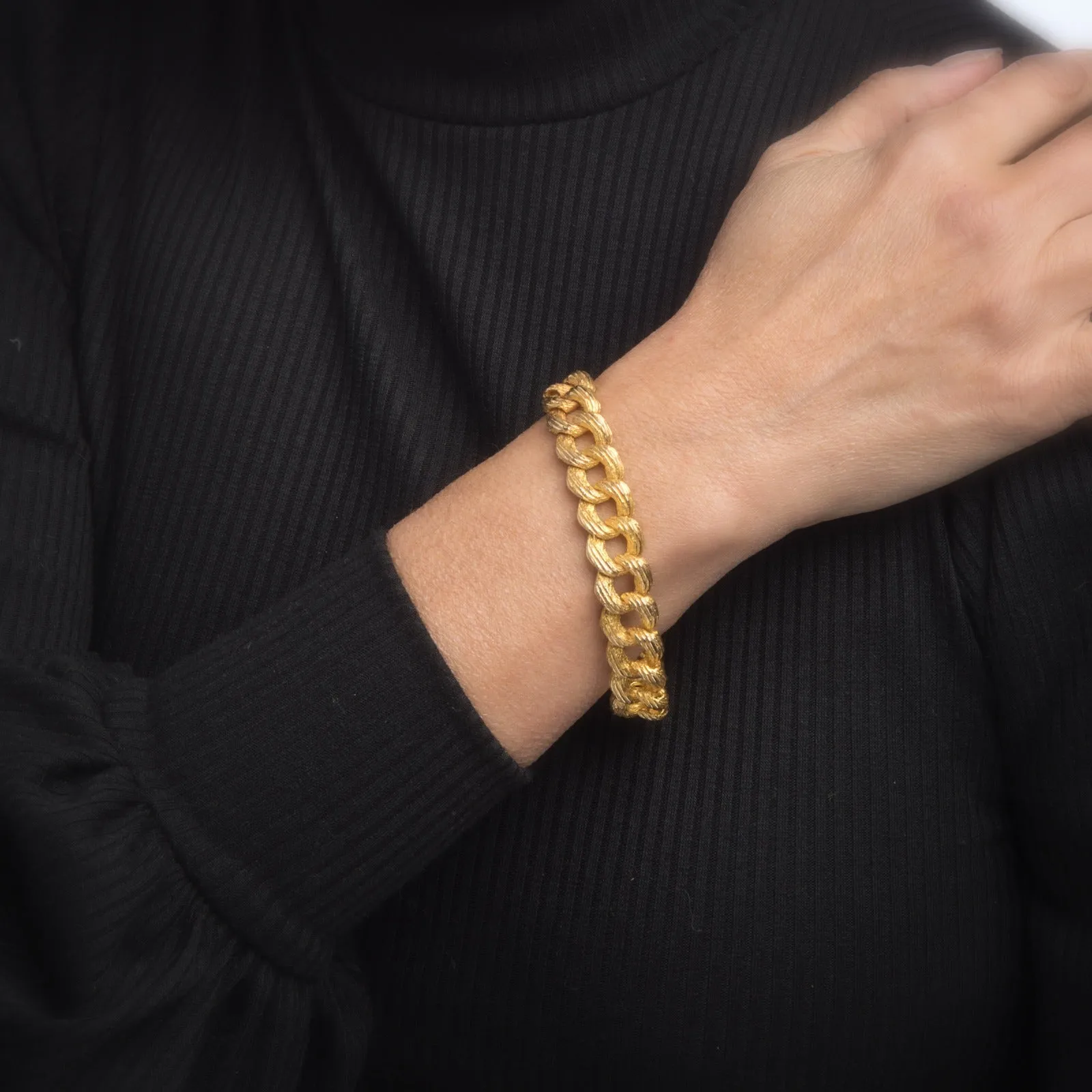Textured Heavy Curb Link Bracelet Vintage 14k Yellow Gold 7.25" Estate Jewelry