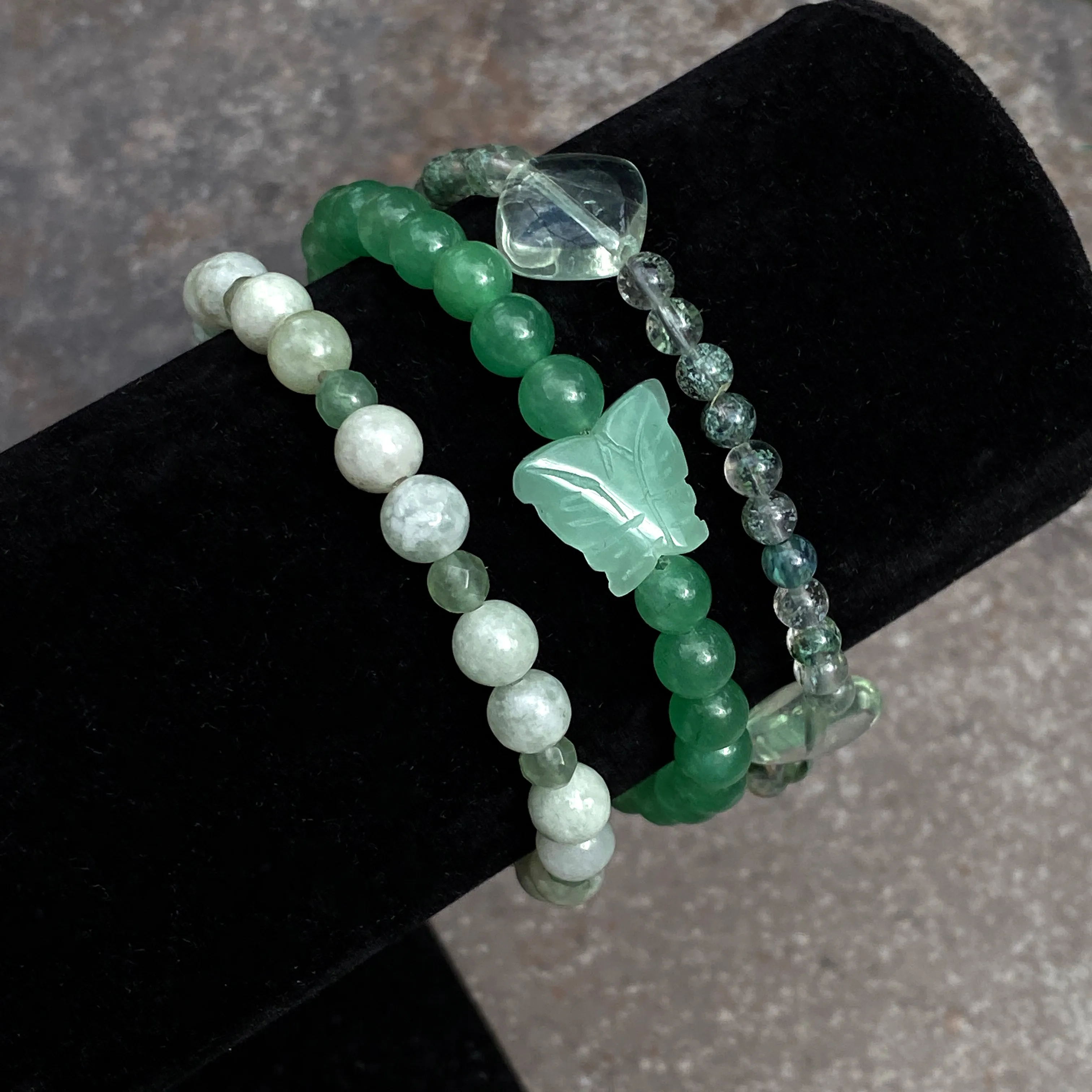 Three EVOLVE Gemstone Bracelet stack Aventurine, Burma Jade and Amazonite butterfly