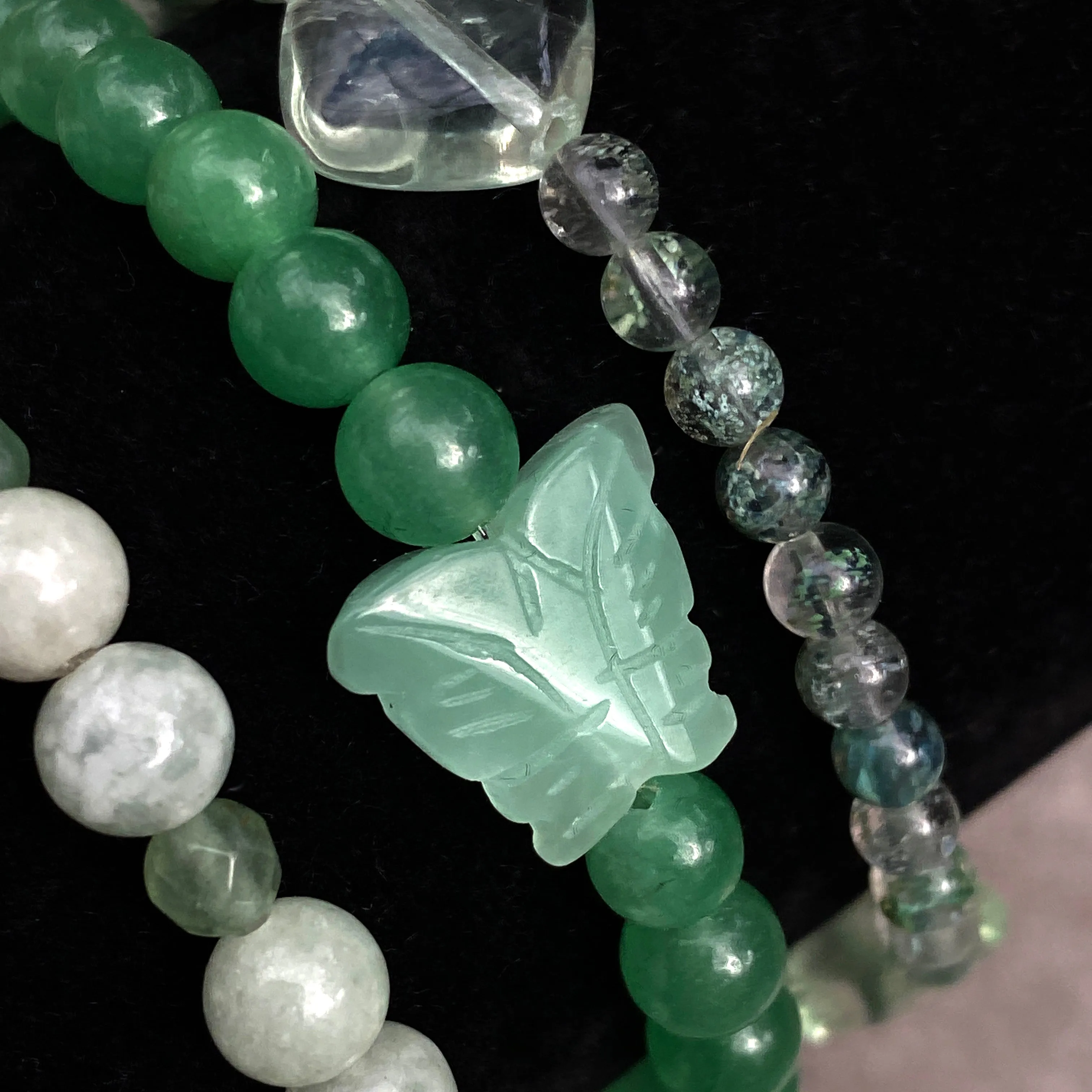 Three EVOLVE Gemstone Bracelet stack Aventurine, Burma Jade and Amazonite butterfly