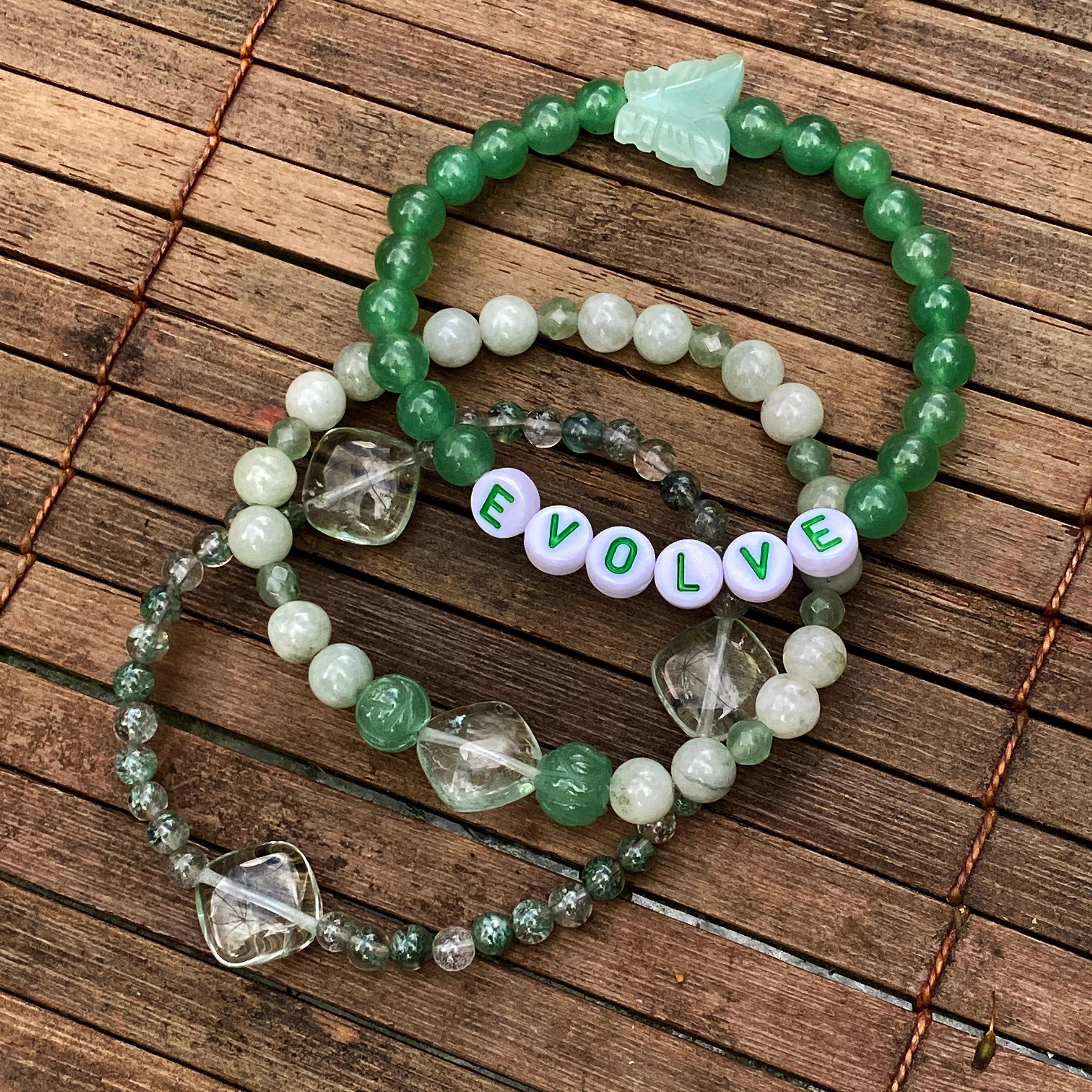 Three EVOLVE Gemstone Bracelet stack Aventurine, Burma Jade and Amazonite butterfly