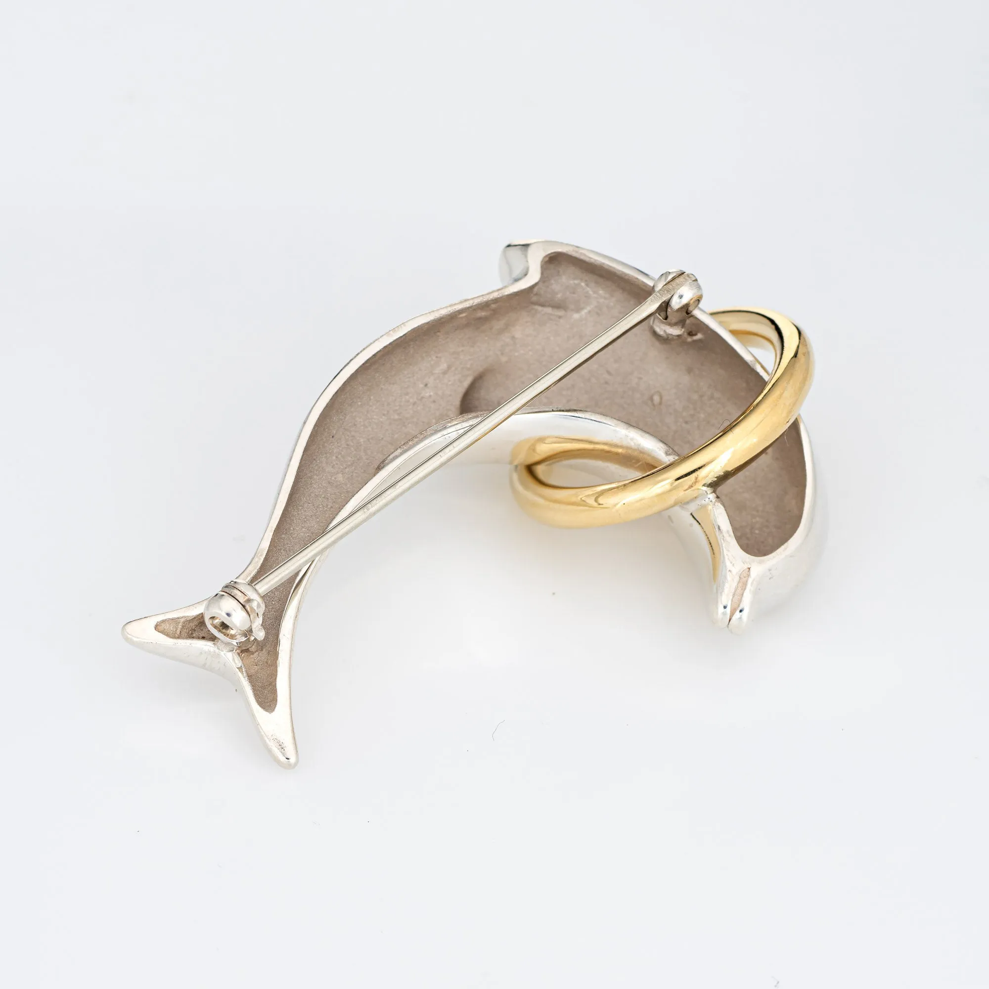 Tiffany & Co Dolphin Brooch Vintage Sterling Silver 18k Gold Signed Jewelry