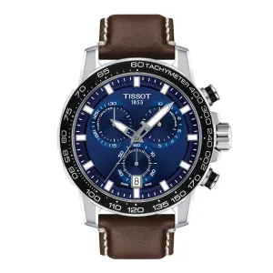 Tissot Supersport Chronograph Mens Stainless Steel Blue Dial Brown Leather Strap Watch