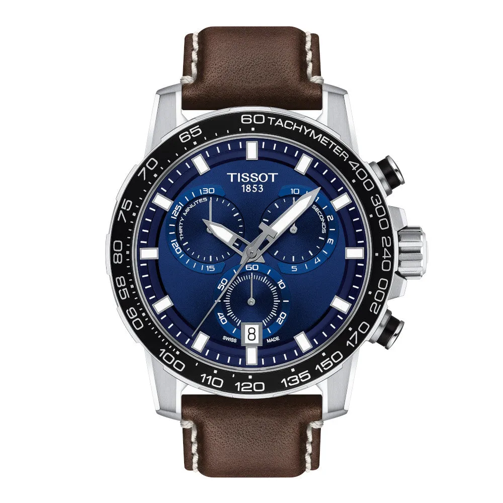 Tissot Supersport Chronograph Mens Stainless Steel Blue Dial Brown Leather Strap Watch