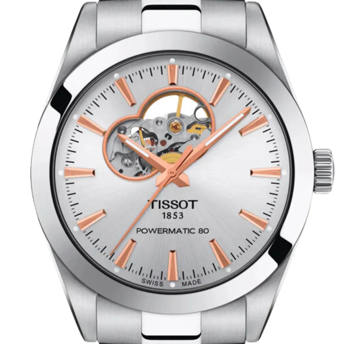 Tissot Gentleman T1274071103101 T127.407.11.031.01 Powermatic 80 Open Heart Silver Dial Watch